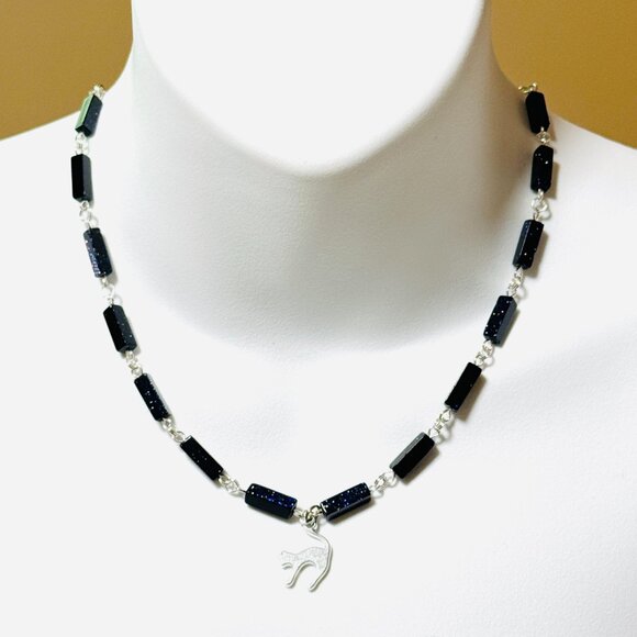 Dark Blue Goldstone Short Necklace w/ Silver Cute Slim Cat Pendant - Picture 2 of 14